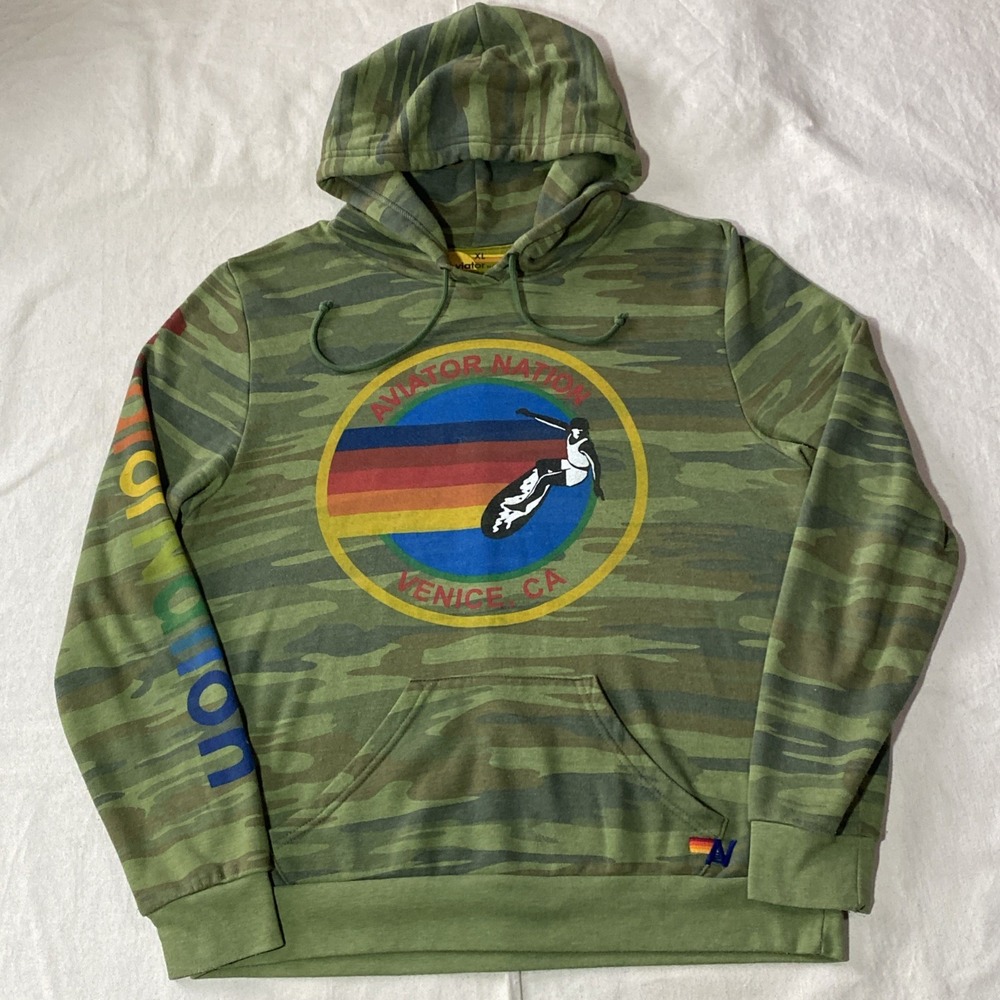 Aviator Nation Hoodie Womens XL Green Camo Aspen CO Skier Pullover Made USA